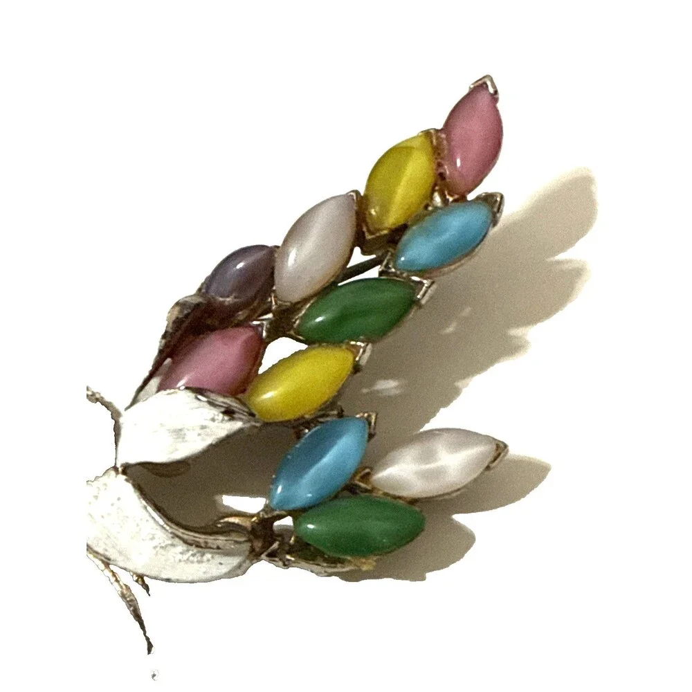 Vintage Floral Brooch Purple Pink Blue Yellow Cabochon White Enamel Pin 2.5